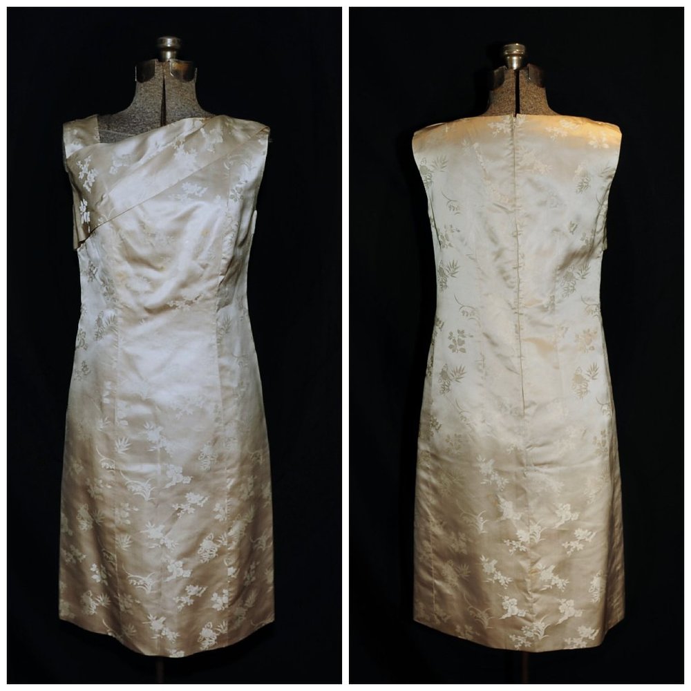 VTG Ivory Satin FloralPrint Cheongsam Sheath Dress
